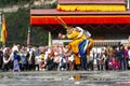 Bhutanese Cham masked dance, deer mask dancer leap into the air, Bhutan Royalty Free Stock Photo