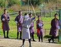 Bhutanese men competes in a game of archery in Timphu, Bhutan. Royalty Free Stock Photo