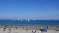 Looe Beach July 5 2019, Looe Lugger Regatta boats anchored of the beach Royalty Free Stock Photo