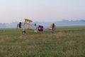 Krakow, Poland - 1.9.2019: Bi-plane Boeing Stearman Kaydet n2s-3 US NAVY 714 from 1941 USA. Yellow military Peril airplane.