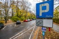 Bialystok. Poland: 20.10.2014 - Sign of paid parking in the city. Autumn, rain, paid parking in Bialystok, Poland.