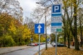 Bialystok. Poland: 20.10.2014 - Sign of paid parking in the city. Autumn, rain, paid parking in Bialystok, Poland.