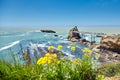 Biarritz city and view of its the famous landmark Rocher de la Vierge, a statue of Virgin Mary on the rock. France Royalty Free Stock Photo