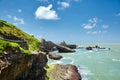 Biarritz city and view of its the famous landmark Rocher de la Vierge, a statue of Virgin Mary on the rock. France Royalty Free Stock Photo