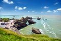 Biarritz city and view of its the famous landmark Rocher de la Vierge, a statue of Virgin Mary on the rock. France Royalty Free Stock Photo