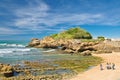 Biarritz, France - May 20, 2017: people having fun on the beach in beautiful scenic panoramic view on atlantic ocean in blue sky i