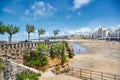 Biarritz, France. Resting place with benches, trees and a beautiful view of the La Grande Plage. Bay of Biscay, Atlantic coast