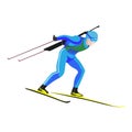 Biathlete skier racing down on high speed on skis