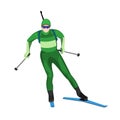 Biathlete skier with two lightweight poles on skis with rifle