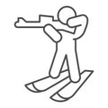 Biathlete skiing with gun thin line icon, Winter season concept, biathlon sportsman sign on white background, Biathlete