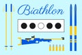 Biathlon design. Target, ski, cartridges, rifle, sticks, lettering text. Set of biathlon equipment. Light blue background.