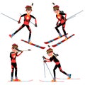 Biathlon Male Player Vector. In Action. Sportsman In Ski Biathlon Competition. Sporting Equipment. Cartoon Character