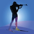 Biathlon racing, skier silhouette on blue background