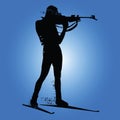 Biathlon racing, skier silhouette on blue background