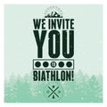 Biathlon typographical vintage style poster with winter landscape. Retro vector illustration.