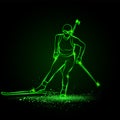 Biathlon winter sport. Biathlon girl linear silhouette skiing. Front view vector green neon biathlon ski illustration. Royalty Free Stock Photo