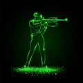 Biathlon winter sport. Biathlon girl shooting in the stand position. Side view vector green neon biathlon shooting