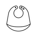 Bib icon. Linear logo of baby feeder with pocket and button fasteners. Black simple illustration of childen`s goods. Contour