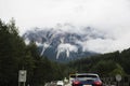 Travelers people driving car on the highway road go to Pfunds village with view landscape of alps mountain Royalty Free Stock Photo