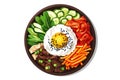 Bibimbap bowl, capturing the colorful assortment of vegetables, rice, and gochujang sauce transparent and clean