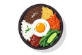 Bibimbap bowl, capturing the colorful assortment of vegetables, rice, and gochujang sauce transparent and clean