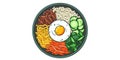 Bibimbap bowl, capturing the colorful assortment of vegetables, rice, and gochujang sauce transparent and clean