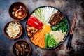 Bibimbap, traditional Korean dish, rice with vegetables and beef.