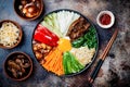 Bibimbap, traditional Korean dish, rice with vegetables and beef.