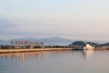 Bibinie, D-Marina, Croatia - sept 9 2018: Logo at the etnrance in mediterranean marina near Sukosan town. The boat of police or