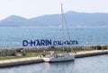 Bibinie, D-Marina, Croatia - sept 9 2018: Logo at the etnrance in mediterranean marina near Sukosan town. The sailing boat mouring