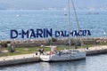 Bibinie, D-Marina, Croatia - sept 9 2018: Logo at the etnrance in mediterranean marina near Sukosan town. The sailing boat mouring