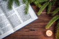 The Bible, angel and candle on wooden background. Christian faith. Christmas Day Royalty Free Stock Photo