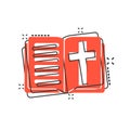 Bible book icon in comic style. Church faith cartoon vector illustration on white isolated background. Spirituality splash effect Royalty Free Stock Photo