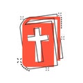 Bible book icon in comic style. Church faith cartoon vector illustration on white isolated background. Spirituality splash effect Royalty Free Stock Photo