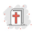 Bible book icon in comic style. Church faith cartoon vector illustration on white isolated background. Spirituality splash effect Royalty Free Stock Photo