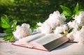 Bible and a bouquet of peonies on a table in the garden