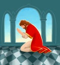 Bible children illustration. Daniel is kneeling and praying to God