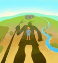 Little David stands under huge shadow of Goliath Royalty Free Stock Photo