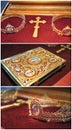 Bible, cross, crowns of gold on the table in church.Wedding celebration Royalty Free Stock Photo