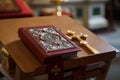 Bible and cross. Interior and Altar in the temple Orthodox Church. Christianity. Festive interior decoration with