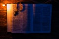 Bible and cross next to candles selective focus