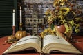 Bible and cross on red with fall flowers Royalty Free Stock Photo