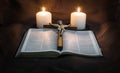 Bible, Crucifix and Two Candles Royalty Free Stock Photo