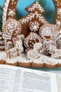 Bible and gingerbread nativity scene Royalty Free Stock Photo