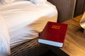 Bible in hotel room on night stand