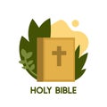 Bible icon vector illustration on white background. Bible book with leaf and abstract shape in background. Christianity logo