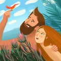 Bible Illustration about Adam and Eve in Eden garden