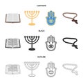 Bible, menorah, hamsa, orthodox cross.Religion set collection icons in cartoon,black,outline style vector symbol stock