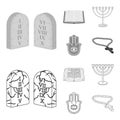 Bible, menorah, hamsa, orthodox cross.Religion set collection icons in outline,monochrome style vector symbol stock