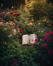 Bible in the middle of a garden full of flowers Royalty Free Stock Photo